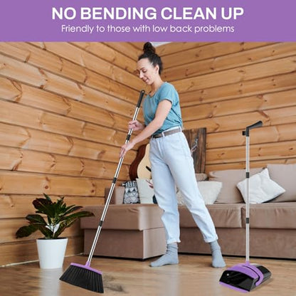 Broom and Dustpan Set for Home, 51-in Long Adjustable Handle Angle Broom and Dustpan Combo Set with Dust Pan Teeth to Clean Hair for Home Kitchen Office Lobby Floor Garden (Black&Purple) - color: Black Purple