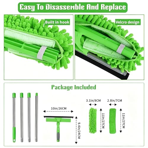 68'' Window Squeegee Cleaner Kit - 2-in-1 Rotatable Window Cleaning Tool with Extension Pole, Professional Streak-Free Squeegee with Bendable Head for Indoor/Outdoor Windows Car Glass (Green, 38.45FT) - color: Green