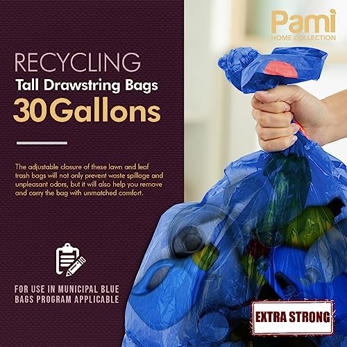 PAMI Recycling Tall Kitchen Drawstring Trash Bags- Extra-Strong Plastic Garbage Bags- Thick Trash Can Liners For Kitchen & Outdoor Bins- 2ft x2ft Unscented Trash Bags (30 Gallon – 35 Count – Blue) - style: 30 Gallon – 35 Count – Blue