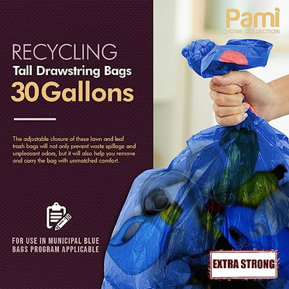 PAMI Recycling Tall Kitchen Drawstring Trash Bags- Extra-Strong Plastic Garbage Bags- Thick Trash Can Liners For Kitchen & Outdoor Bins- 2ft x2ft Unscented Trash Bags (30 Gallon – 35 Count – Blue) - style: 30 Gallon – 35 Count – Blue
