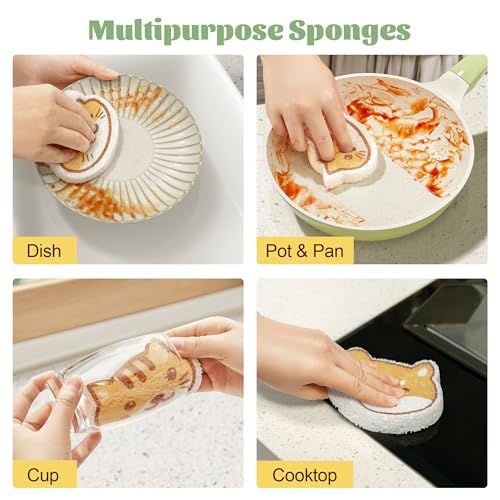 JOYMOOP Cartoon Kitchen Sponge, Non-Scratch Sponges for Dishes, Natural Cellulose Sponges for Cleaning, Reusable Sponge for Household Cleaning - 18 Pcs Mixed Pattern (Kitten, Doggy and Piggy) - color: Mixed Cartoon [18 Pcs]