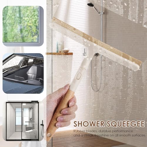 3 Pack Hard Bristle Scrub Brush Set with Long Wooden Handle, 2-in-1 Heavy-Duty Scrubbing Brushes with Scraper Strip, Glass Shower Squeegee, Cleaning Brush for Bathroom, Shower, Floor, Bathtub, Walls
