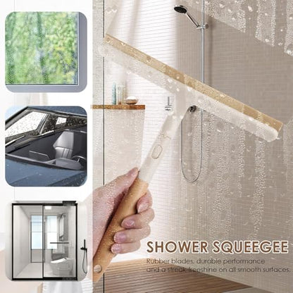 3 Pack Hard Bristle Scrub Brush Set with Long Wooden Handle, 2-in-1 Heavy-Duty Scrubbing Brushes with Scraper Strip, Glass Shower Squeegee, Cleaning Brush for Bathroom, Shower, Floor, Bathtub, Walls