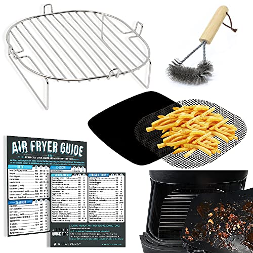 Air Fryer Accessories Set with Stainless Steel Rack and Wire Brush, Air Frying Cheat Sheet Guides, Reusable Liners, Compatible with Chefman, GoWise, Nuwave®, Insignia, Kalorik, Gourmia and More - size: XL