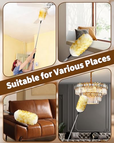 Extendable Wool Duster, 18-48 Inch Long Handle Duster with Natural Fluffy Wool Head, Dusters for Cleaning Ceiling Fans, Blinds, High Ceilings, Furniture, Washable & Reusable - color: Wool Color
