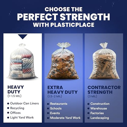 Plasticplace 55-60 gallon Trash Bags │ 1.2 Mil │ Clear Garbage Can Liners │ 38” x 58” (100Count)
