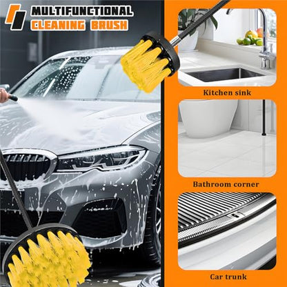 4PCS/Set Car Drill Brush Attachment Set, Vehicle Drill Scrub Brushes Kit with Extended Long Rod, Automotive Power Cleaning Scrubber Accessories, Universal for SUV, Sedan, Truck (Yellow) - color: Yellow