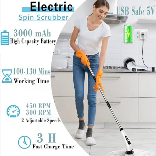 Electric Spin Scrubber,Cordless Cleaning Brush 3-in-1 Adjustable Detachable Exten Handle,2 Rotat Speed,Shower Scrubber with 9 Replaceable Brush Head,2024 New Power Cleaning Brush for Kitchen,Bathroom