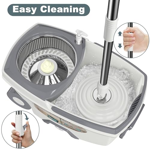 Mop and Bucket with Wringer Set,Spin Mop and Bucket System, Mops for Floor Cleaning,Household Supplies Tools with 6 Replacement Refills,61" Extended Handle for Household Hardwood Floor - White - size: White Mop Bucket + 6 Mop Heads