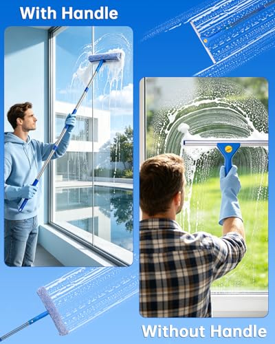 Window Cleaning Kit with Storage Bucket, Squeegee Cleaner Tool with Extension Pole, Glass Cleaning Tools Set with Spray Bottle, Brush, Scrubber, Gap Brush & Gloves for Window Shower Mirror Car