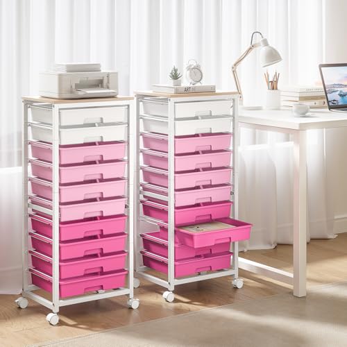 SYKIARIOL Rolling Cart with Drawers,10 Drawer Rolling Cart,Storage Cart,Utility Cart,Teacher Cart for Classroom Storage,Craft Cart with Wheels and Wooden Tabletop,Pink - color: Pink