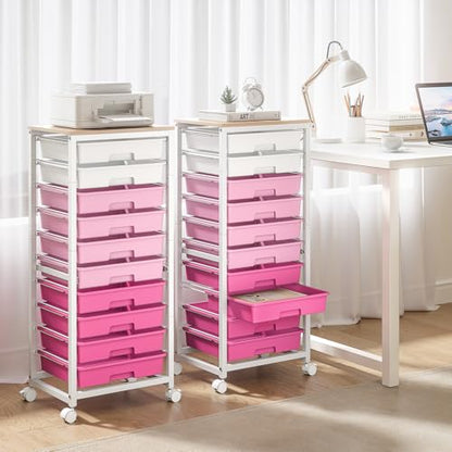 SYKIARIOL Rolling Cart with Drawers,10 Drawer Rolling Cart,Storage Cart,Utility Cart,Teacher Cart for Classroom Storage,Craft Cart with Wheels and Wooden Tabletop,Pink - color: Pink