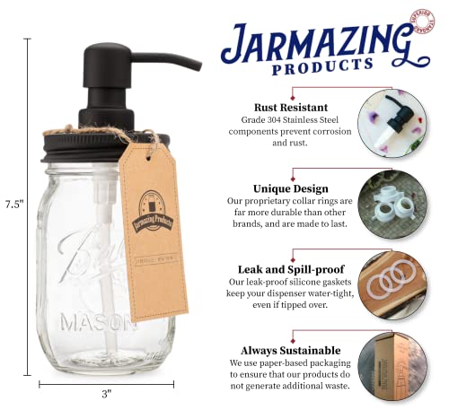 Jarmazing Products Mason Jar Soap Dispenser - Black - 16 oz Ball Mason Jar Liquid Dispenser for Kitchen & Bathroom - Glass - Dish Soap Dispenser with Rust Proof Stainless Steel Pump & Lid - size: Pack of 1
