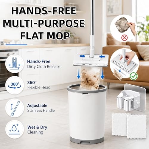 Hands Free Flat Mop, 2026 New Hands Free Multi Purpose Flat Mop, Multifunctional Lazy Mops with One-Click Cloth Attachment, 360° Rotating Mops Head, for Floor, Wall, Bathroom (1, M(43.3in)) - color: M(43.3in)