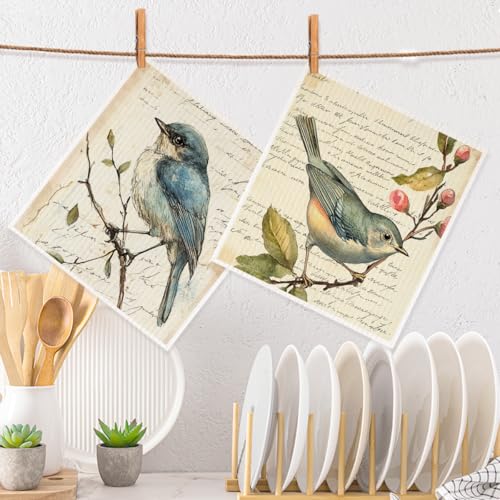 2 Pcs Vintage Bird Artistic Prints Swedish Dishcloths for Kitchen, Absorbent Reusable Paper Towels, Retro Flower Geometry Kitchen Towels for Bathroom Home, Gifts for Bird Lovers Women Mom 1 - color: Sz 0776