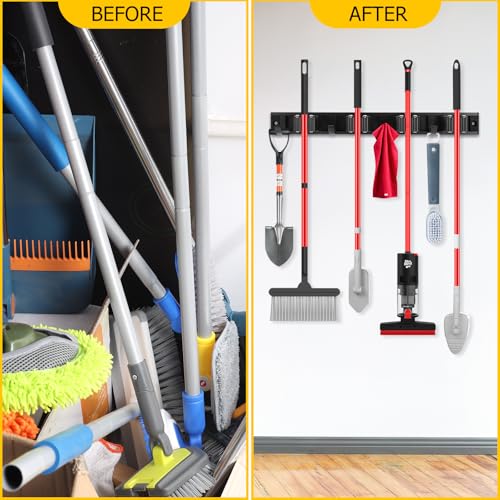 SLIIMU Movable 30'' Broom and Mop Holder Wall Mount with Sliding 7 Racks 8 Hooks, Storage Organizer Wall Hanger, Cleaning Tool Hanging Grippers for Kitchen Bathroom Garden Garage Laundry Home Closet