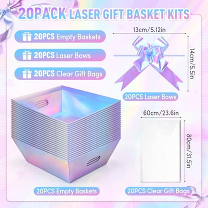 AFOROEOA 20PACK Laser Baskets For Gifts Empty, 12x10x4” Holographic Iridescent Gift Basket Kit with 20 Bows & 20 Bags - Bulk Empty Gift Baskets to Fill for Large Weddings, Parties - color: 20 Laser
