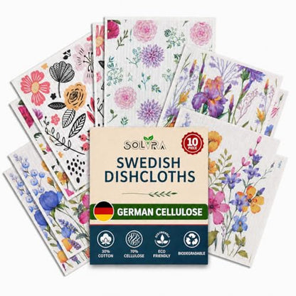 10 PCS Flower Print Swedish Dishcloths for Kitchen 100% Biodegradable, Reusable Cellulose Sponge Cloths Ultra Absorbent, Eco Friendly Cleaning Towels Dishcloths for Washing Dishes & General Cleaning - color: 10 Pcs-flowers Print