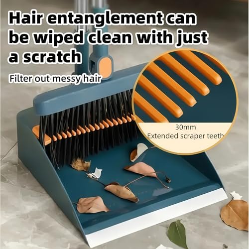 Broom and Dustpan Set, Long Handle Standing Broom with Self-Cleaning Comb Teeth, Heavy Duty Broom Dustpan Combo for Home Kitchen Office Floor Pet Hair Cleaning (Blue) - color: Blue