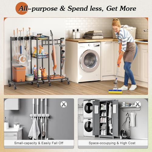 Broom Holder with Cleaning Supplies Organizer, Broom Closet Storage Cabinet with Cleaning Caddy Vacuum Stand, Cleaning Cart with Mop Hanger Gripper Rack Hook, Laundry Room Organization Home Essentials - color: Black