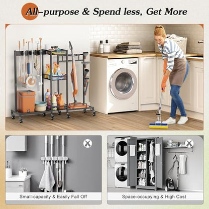 Broom Holder with Cleaning Supplies Organizer, Broom Closet Storage Cabinet with Cleaning Caddy Vacuum Stand, Cleaning Cart with Mop Hanger Gripper Rack Hook, Laundry Room Organization Home Essentials - color: Black