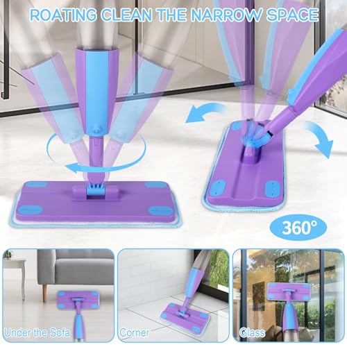 Kids Spray Mop, Real Working Toddler Cleaning Set with Water Sprayer & 2 Washable Mop Pads & Scraper, Pretend Play Montessori Housekeeping Toys Gifts for Toddlers Kids Girls Boys (Blue&Purple)