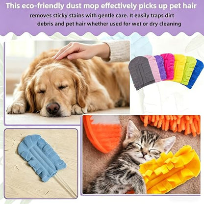 7-Piece Reusable Chenille Microfiber dust Duster, Washable Microfiber Chenille Dusting Pads, Suitable for Home, Blinds, Cars, Pets, Furniture, Fans, and More (Handle Included)