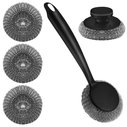 Scrubber with Handle Comes with Three Replacement Balls Steel Wool, Short Handle Scrubber, Steel Wool Scrubber Supplies Dish Scrubber, Stainless Steel Scrubber Tool Metal Scrubber for Dishes - color: 5pcs-1