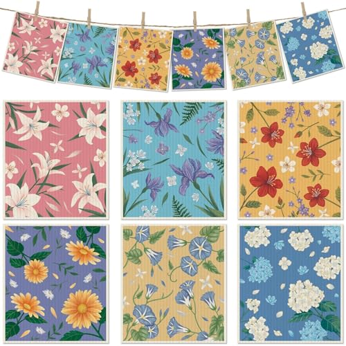 6 Packs Swedish Paper Cloths for Kitchen, Reusable Paper Towels Washable Dish Rags, Highly Absorbent Kitchen Towels Quick Drying Swedish Sponge Cleaning Dish Cloths (Lily Floral) - color: Lily Floral