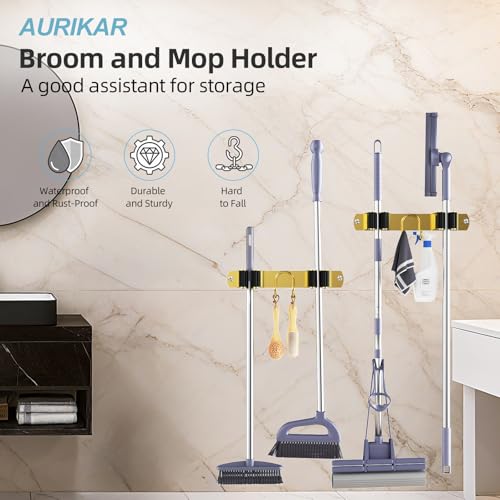 Broom Holder Wall Mount, 2-Pack Stainless Steel Mop and Broom Organizer, Broom Hanger with 2 Slots 2 Hooks for Home Kitchen, Garage, Garden and Laundry Room, Gold - color: Gold-2 Pack