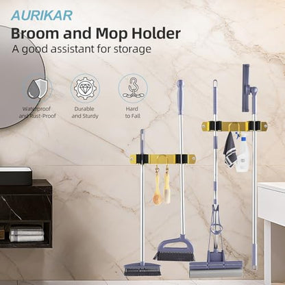 Broom Holder Wall Mount, 2-Pack Stainless Steel Mop and Broom Organizer, Broom Hanger with 2 Slots 2 Hooks for Home Kitchen, Garage, Garden and Laundry Room, Gold - color: Gold-2 Pack