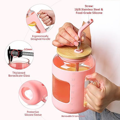 WINSA 50 oz Glass Water Bottles with Silicone Sleeve,Glass Tumbler with Lid and Straw,Iced Coffee Cup with Handle,BPA Free-Pink - color: Pink