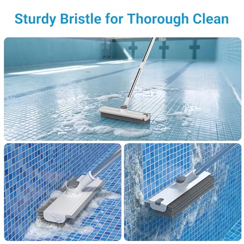 Pool Scrub Brush with 52" Pole, 3 in 1 Pool Cleaning Brush with Squeegee, Floor Scrub Brush with Long Handle, Deck Brush for Swimming Pool Tile Wall Patio Concrete White - color: White