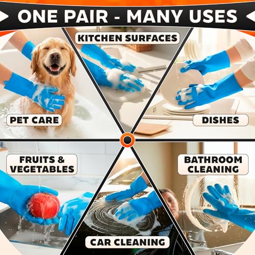 ALPENKOK Silicone Dishwashing Gloves with Scrubber – Non-Slip Silicone Gloves for Washing Dishes | Household Use - color: Light Blue