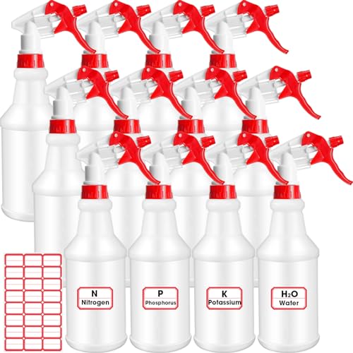 Gerrii 12 Pcs Plastic Spray Bottles with Adjustable Nozzle and Label for Cleaning 24 oz Anti Leak HDPE Spraying Bottles Empty Water Squirt Bottle (Red) - color: Red