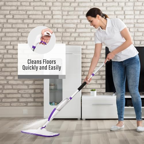 Microfiber Hardwood Floor Spray Mop with 3 Pads & Refillable Bottle | 400+ML refillable bottle, 360° swivel head, wet mopping & dry sweeping for hardwood, tile, laminate and sealed wood floors. - color: Purple