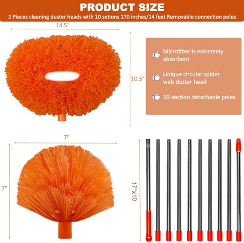 20+ Feet High Reach Dusting Kit, Cobweb Duster & Ceiling Fan Duster with 3-14 ft Extension Pole for Cleaning, Microfiber Feather Duster Cleaner for Cleaning Walls Bookshelves Furniture Door Window