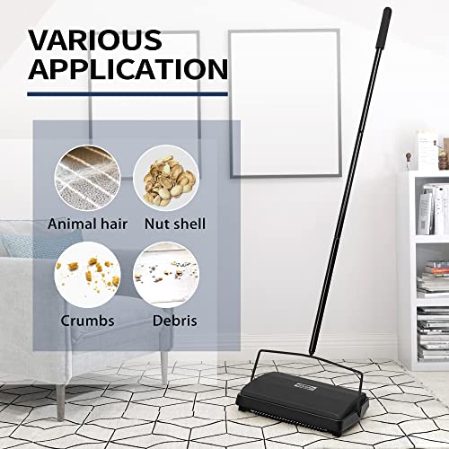JEHONN Carpet Floor Sweeper Manual with Horsehair, Non Electric Quite Rug Roller Brush Push for Cleaning Pet Hair, Loose Debris, Lint (Black) - color: Black