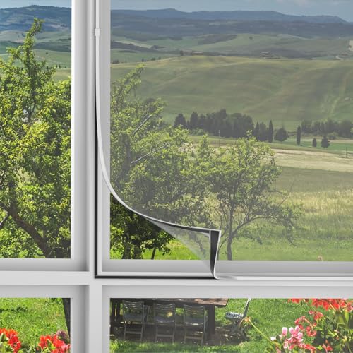 Adjustable DIY Magnetic Window Screen Replacement Window Screens 35" * 56" with White Window Frames Fiberglass Mesh for House Windows - size: 56"x35"