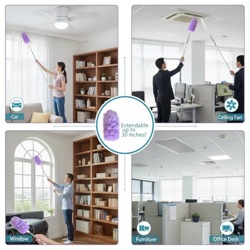 Microfiber Duster for Cleaning, Extendable Pole, Up to 30 Inch Reachable, Cleaning Tools for Car, Ceiling Fan, Window, Furniture, Office(Purple) - color: Purple