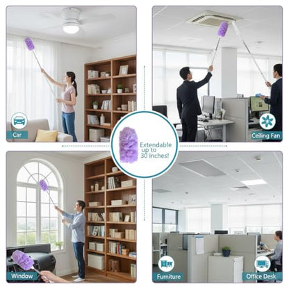 Microfiber Duster for Cleaning, Extendable Pole, Up to 30 Inch Reachable, Cleaning Tools for Car, Ceiling Fan, Window, Furniture, Office(Purple) - color: Purple