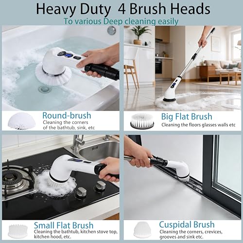 Electric Spin Scrubber Shower Cleaner Brush Cordless Power Cleaning 8 Brush Heads Extendable Handle 3 Adjustable 2 Speeds IPX7 Waterproof for Bathroom Kitchen