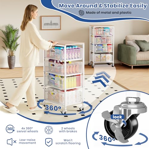 Goovilla Kitchen Cart with Drawers, 4 Tier Metal Rolling Utility Cart Organizer on Lockable Wheels with Wooden Top, White Fruit Vegetable Storage Rack Also for Cans, Snack, Craft, Art, Office, Beauty - size: White