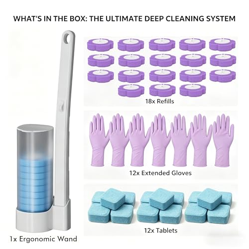 All-in-One Toilet Cleaning Kit - Disposable Toilet Brush with 18 Refills, 12 Extended Cleaning Gloves &12 Deep Clean Tablets - No Touch Bathroom Wand, Zero-Touch Cleaning System for Home & Apartment