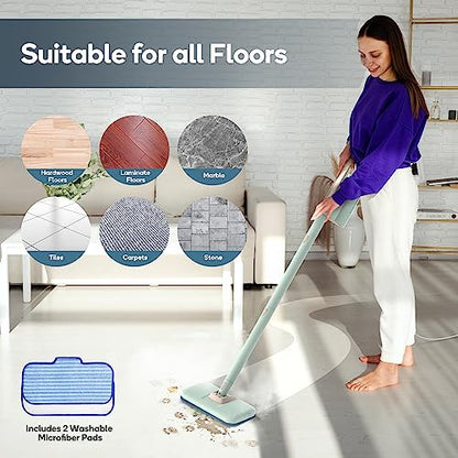 Newbealer Steam Mop & Detachable Handheld Cleaner, 1200W Floor Steamer | 3 Adjustable Levels for Carpet Laminate Hardwood Grout, Carpet Glider, 7 Multi-purpose Accessories & 2 Pads, 250ml Tank - color: Mint Green with 7 brushes