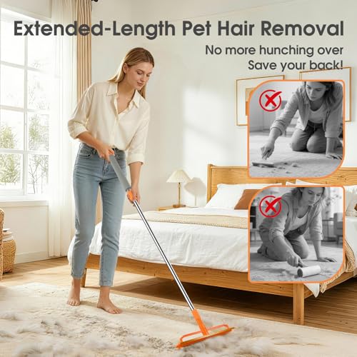 Carpet Rake for Pet Hair Removal, Durable Silicone & Metal Scraper Dog & Cat Pet Hair Remover, Adjustable Long Handle 59'' Pet Hair Carpet Rake for Rugs, Mats, Couch, Furniture