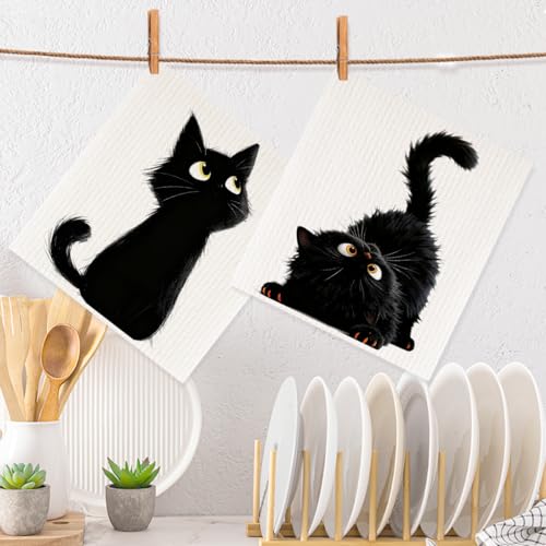 2 Pcs Adorable Cat Swedish Dishcloths, Swedish Dishcloths for Kitchen Home, Super Absorbent Cellulose Sponge Cloths Cleaning Towels, Reusable Paper Towels Cat Lover Gifts 2 - color: Lm 861