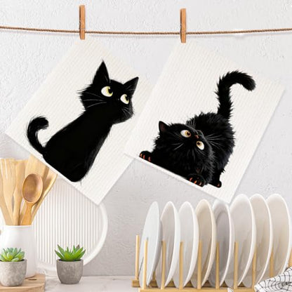 2 Pcs Adorable Cat Swedish Dishcloths, Swedish Dishcloths for Kitchen Home, Super Absorbent Cellulose Sponge Cloths Cleaning Towels, Reusable Paper Towels Cat Lover Gifts 2 - color: Lm 861