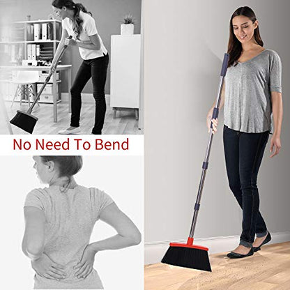 Broom with Dustpan Combo Set Broom and Dustpan Set Dust Pan with Stainless Steel Long Handle, Brooms with 5-Layer Soft Bristles for Sweeping Office Kitchen Home Pet Hair Lobby - color: Purple&red
