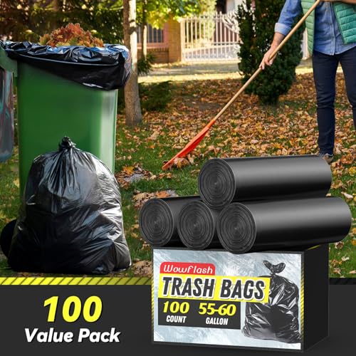 100 Count 55-60 Gallon Trash Bags, Sturdy & Tear-Resistant Commercial Can Liners 55 Gallon, Large Garbage Bags, Large Black Trash Bags for Commercial, Lawn and Leaf Bags - style: 55-60 Gallon - 100 Count